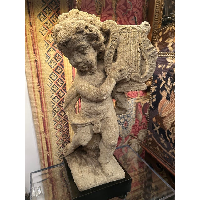 Figurative Antique Cement Putti Table Lamps With Custom Wood Bases- A Pair For Sale - Image 3 of 9