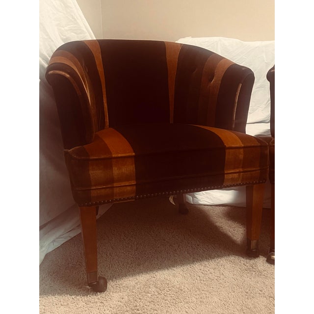 Tan Vintage Art Deco St Timothy Chair Company Velvet Barrel Back Club Chair For Sale - Image 8 of 12