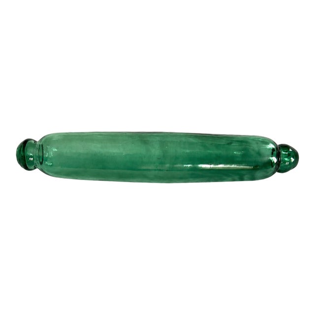 Antique Emerald Green Blown Glass Rolling Pin Ice-Fill Type 15” Primitive Kitchen Decor For Sale