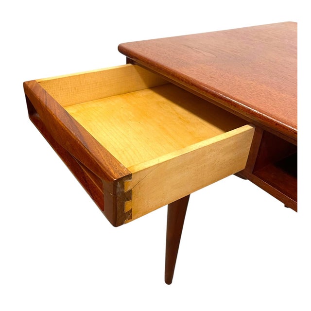 Vintage Mid Century Modern Danish Style Coffee Table With Sculpted Drawer Pulls and Open Shelf Storage For Sale - Image 9 of 11
