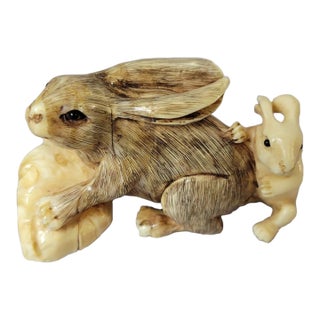 Japanese Carved Bone Rabbit Netsuke With Mother and Baby, Signed For Sale