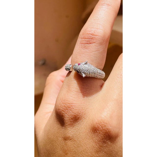 Cluster Diamond Panther Ring With Ruby Gemstone Eyes in 18k Solid White Gold For Sale - Image 9 of 16