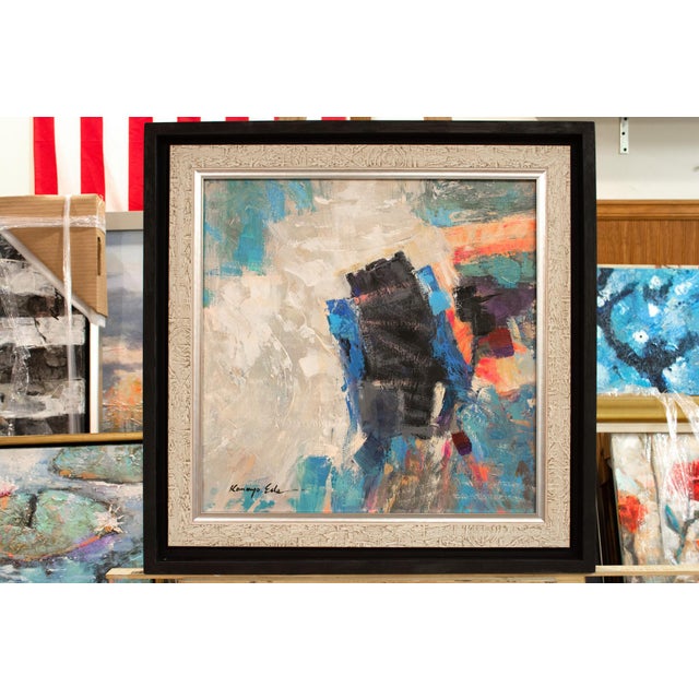 Abstract Square Framed White Blue Black Abstract on Canvas For Sale - Image 3 of 5