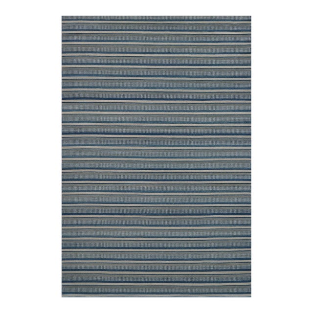 Modern Handwoven Blue Striped Flatweave Rug For Sale