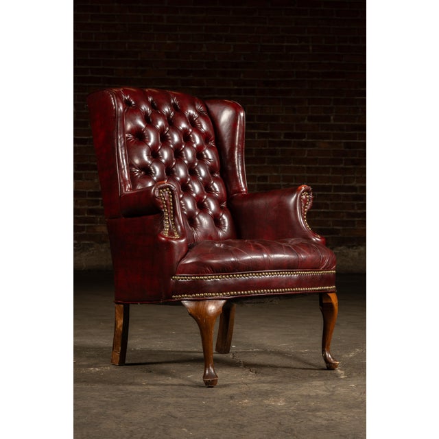 Vintage Tufted Leather Wingback Chesterfield Armchair in Oxblood For Sale - Image 4 of 15