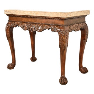 Baker Furniture Chippendale Carved Walnut Marble Top Console Table With Paw Feet For Sale