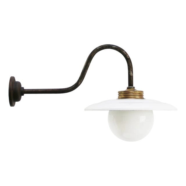 Vintage Industrial White Enamel, Brass and White Opaline Wall Light For Sale