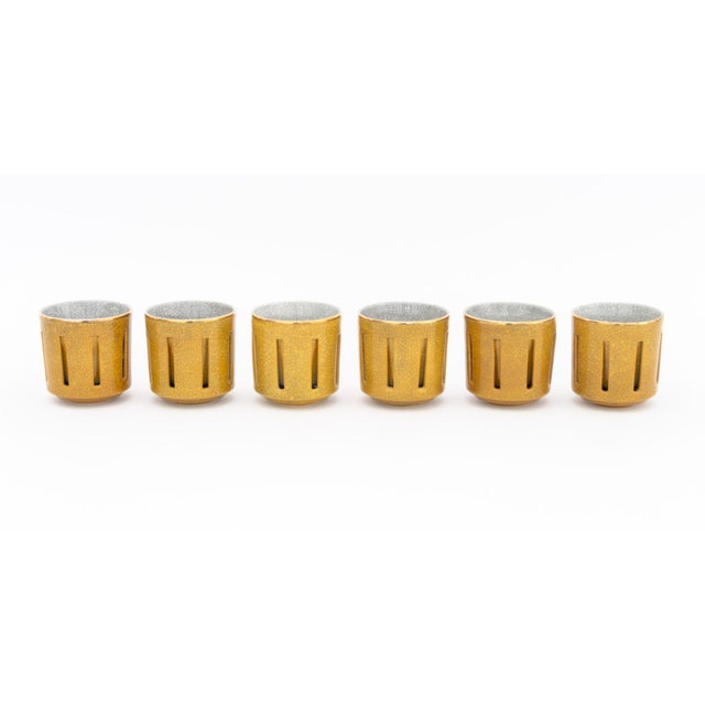 Set of Six Modern Crackle Glazed Ceramic &nbsp;Cups, with pierced outer wall revealing inner ceramic liner, unmarked. 3.5"...