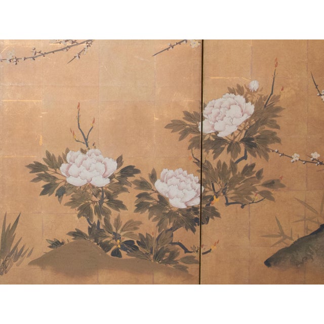 1970s "Plum Blossom, Peony, Iris" by Kokei, 1970s Showa Era Japanese Painted Byobu Screen For Sale - Image 5 of 18
