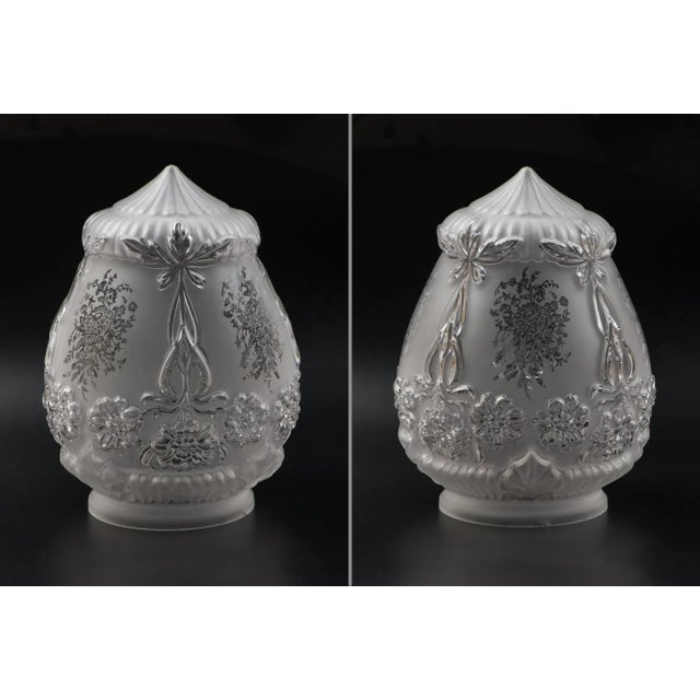 1950s Vintage Brass Chain Pendant Light & Frosted White Glass Shade With Flower Pattern For Sale - Image 10 of 13