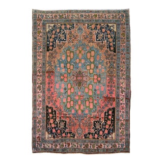 Antique Bidjar Area Rug With Medallion in Soft Rose and Cerulean Blue 4x5 For Sale