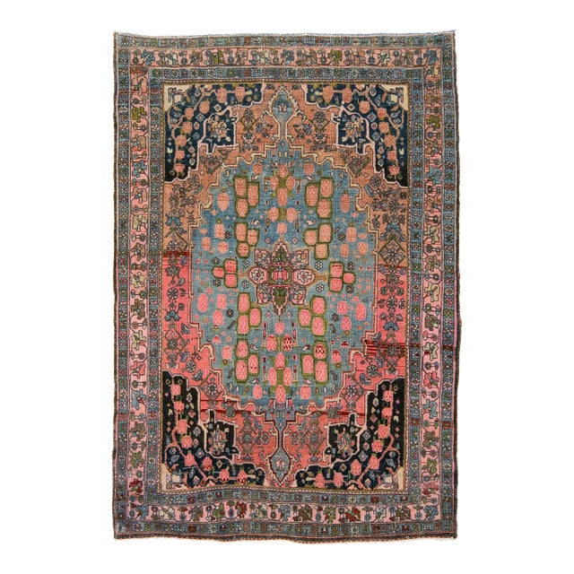 Antique Bidjar Area Rug With Medallion in Soft Rose and Cerulean Blue 4x5 For Sale