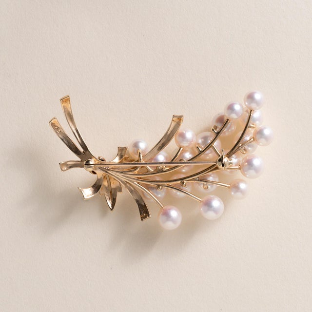 Vintage 14k Gold Mikimoto Akoya Pearl Floral Bouquet Brooch For Sale - Image 4 of 6