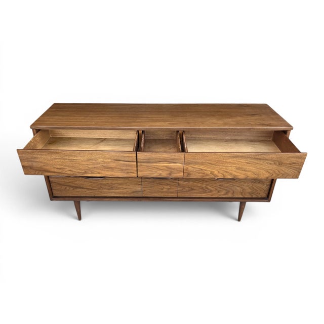 Restored Mid-Century Modern Walnut 9-Drawer Dresser With Recessed Pulls For Sale In Los Angeles - Image 6 of 12