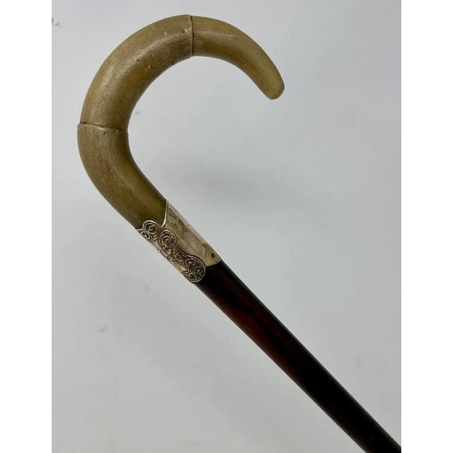 Antique Vintage English Walking Stick Cane Wooden Gold Plated Cow Horn Handle For Sale - Image 6 of 8