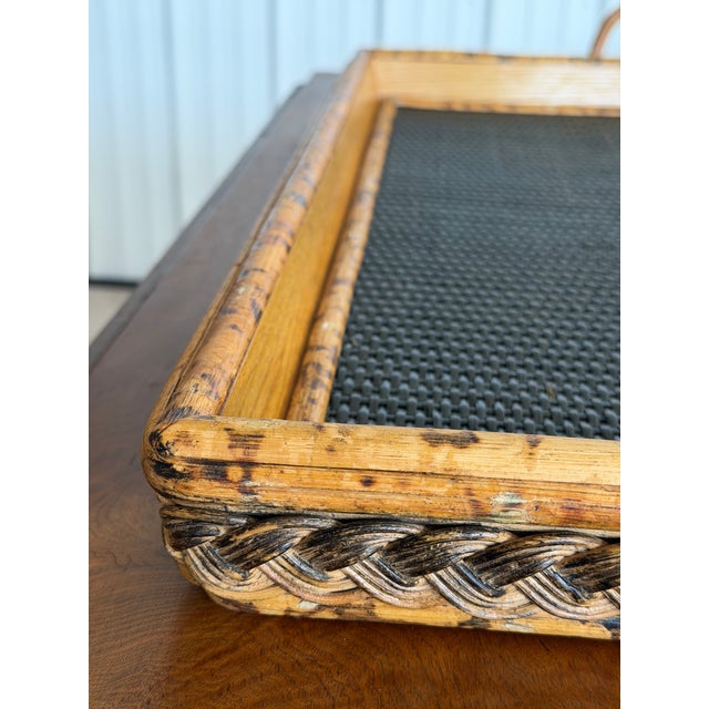 Black Vintage Scorched Bamboo and Woven Rattan Serving Tray For Sale - Image 8 of 12