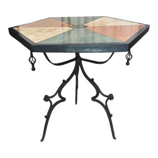 Mid-Century English Gothic Style Iron Side Table With Hexagonal Marble Inlay Top For Sale