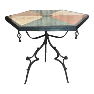 Mid-Century English Gothic Style Iron Side Table With Hexagonal Marble Inlay Top