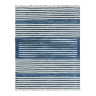 Rug & Kilim's Contemporary Dhurrie Rug in Dark Blue and White Stripes - 9x12 For Sale