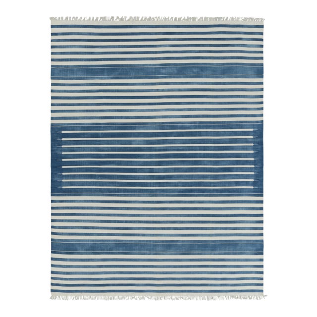Rug & Kilim's Contemporary Dhurrie Rug in Dark Blue and White Stripes - 9x12 For Sale