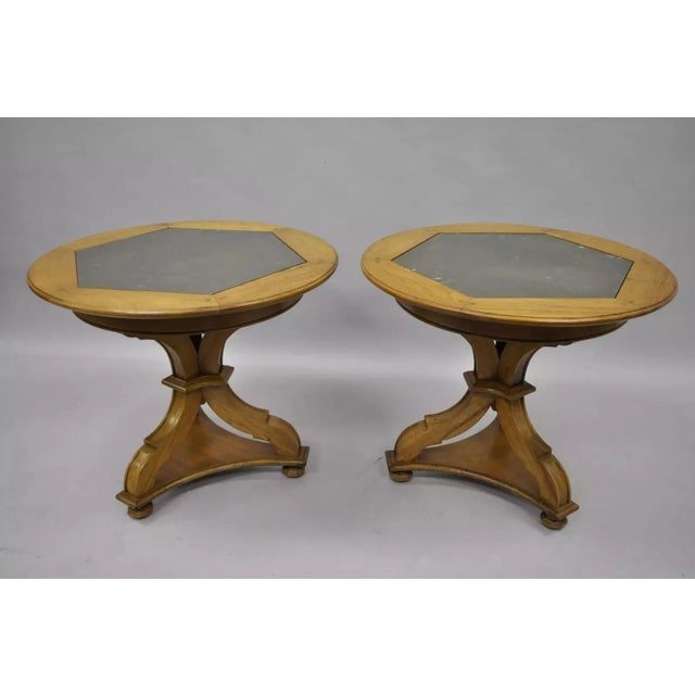 Vintage French Country Style Walnut Slate Top Pedestal Base End Tables - a Pair For Sale - Image 9 of 9