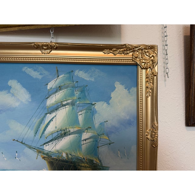 Nautical Vintage Sailing Ship Oil Painting Seascape Nautical Wall Art Ocean Maritime For Sale - Image 3 of 9