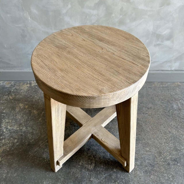 Brown Reclaimed Elm Wood Round Side Table For Sale - Image 8 of 11