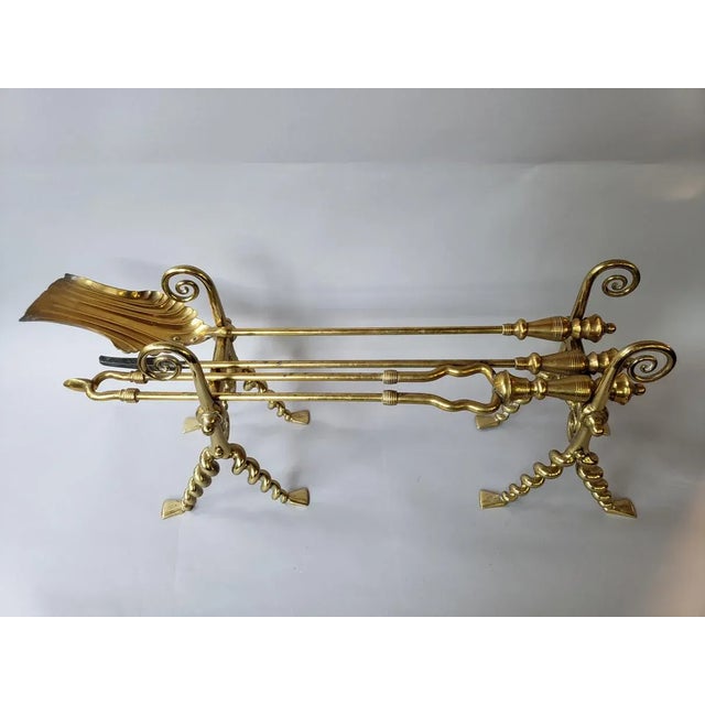 Antique French Brass Fireplace Tools With Firedogs - 5 Piece Set For Sale - Image 10 of 10