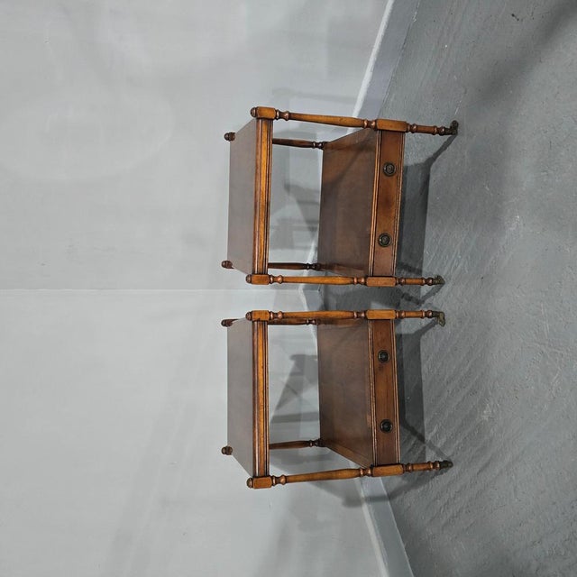 Very good pair of yew wood Regency lamp tables, with brass cup castors, single full depth drawers and brass handles,...