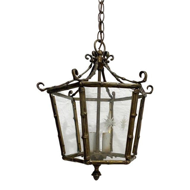 Vintage Chinoiserie Hexagonal Brass 3 Light Chandelier For Sale