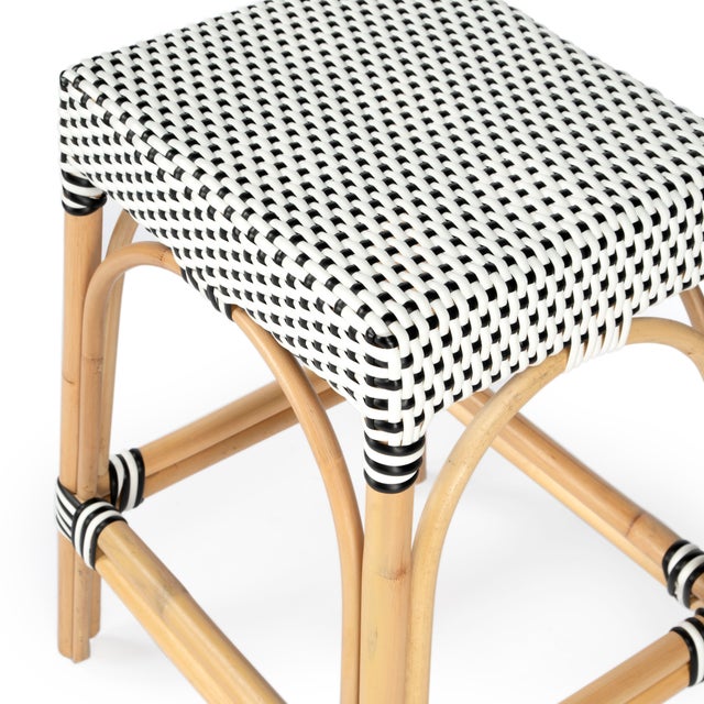 Wood Robias 24.5 in. Seat Height Rectangular Rattan Backless Counter Stool with Footrest, White/Black Dot/ Natural Rattan Frame For Sale - Image 7 of 8