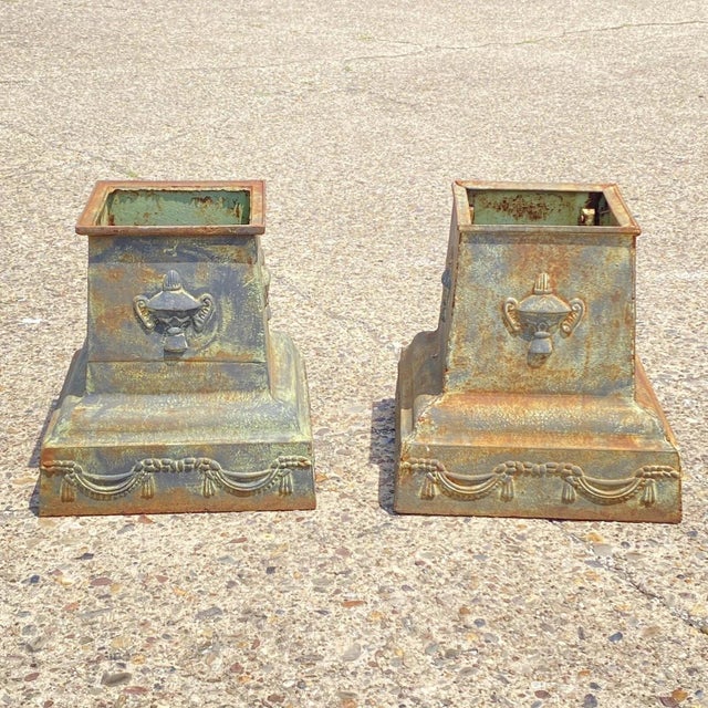 Neoclassical Vintage Neoclassical Style Green Cast Iron Garden Planter Urn Pedestal Base Pair For Sale - Image 3 of 13