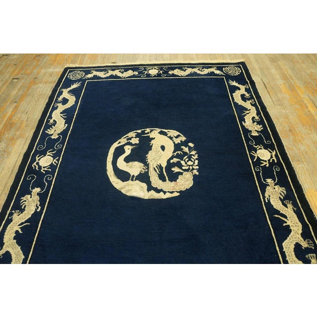 Chinese 1900s Blue Navy Dragon Crane Medallion Antique Chinese Peking Carpet 5' X 6'10" Knotted Wool Rug For Sale - Image 3 of 8