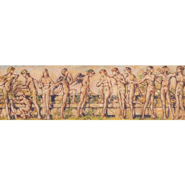 Neoclassical Figural Scene, Oil on Canvas, depicting a line of nude figures, two women and two winged men to center,...