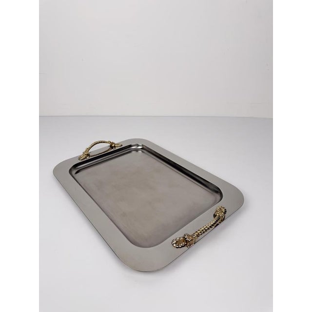 Metal Mid-Century Modern Italian Stainless Steel Tray with Gilt Nautical Knot Handles, 1970s For Sale - Image 7 of 18