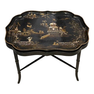 Antique Lacquered Chinoiserie Mother of Pearl Tray Table For Sale