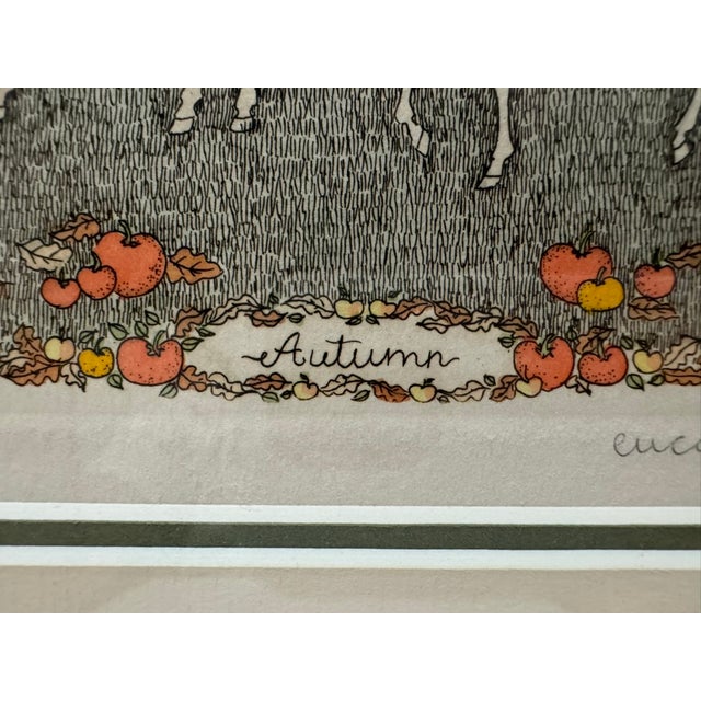 Arts & Crafts 1970s Cuca Romley Four Seasons Set of 4 Signed Hand-Colored Etchings Framed For Sale - Image 3 of 16