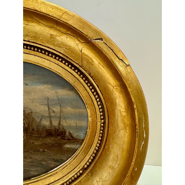 Mid 20th Century Antique Oval Oil Painting Coastal Genre Scene Gilt Wood Frame 19th Century For Sale - Image 5 of 8