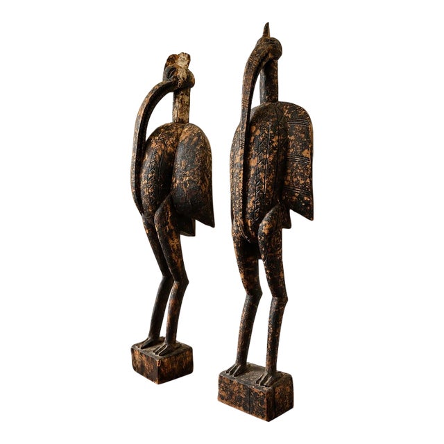 Early 20th Century West African Senufo-Style Sejen Carved Wood Hornbill Sculptures - Pair For Sale