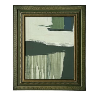 “Serenity Pines" Green Abstract Art in Vintage Frame, Transitional Living Room Art by JTS For Sale