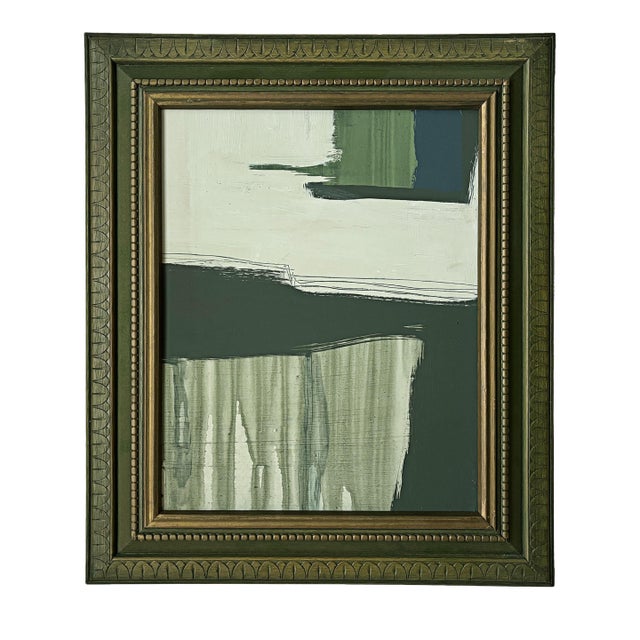 “Serenity Pines" Green Abstract Art in Vintage Frame, Transitional Living Room Art by JTS For Sale