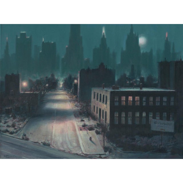 Shortcut by Mark Harrison | Oil on fine cotton depicting a deserted urban street at night. For Sale