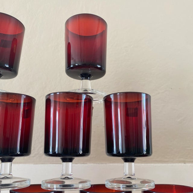 Mid-Century Modern Mid 20th Century Luminarc Ruby Red Cordial Glasses- Set of 11 For Sale - Image 3 of 13