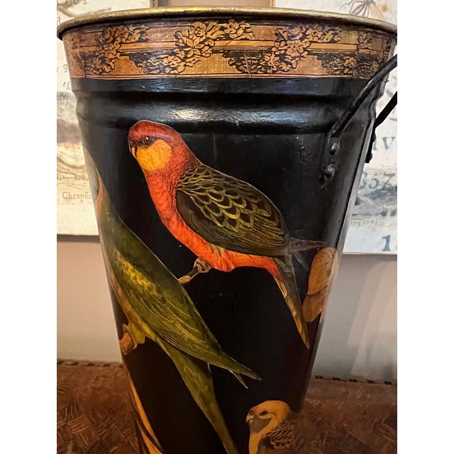 Metal Vintage English Planter Jardiniere Urn Bird Decoupage Black Tole Aviary Décor For Sale - Image 7 of 18