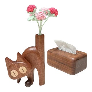 Whimsical Handmade Wood Cat Figurine Bud Vase For Sale