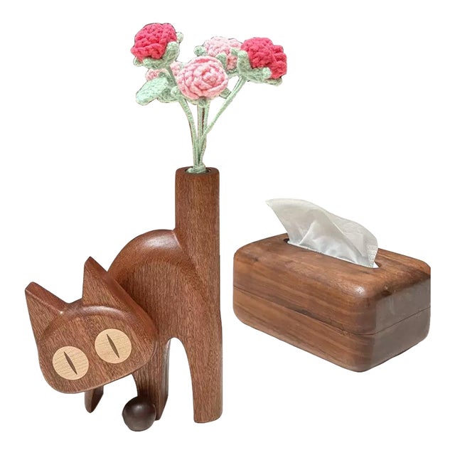 Whimsical Handmade Wood Cat Figurine Bud Vase For Sale