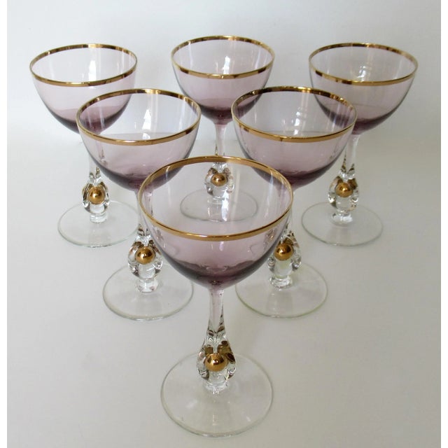 Amethyst C.1950's Czech Josef Stanik -"Zlata Zuzana" Handblown Amethyst With Gilt Gold Rimmed Stemmed Crystal Apperitif Glasses - Set of 6 For Sale - Image 8 of 13