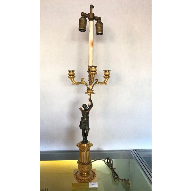 French Empire Doré Bronze Candelabra Lamp Having a Patinated Woman Mounted as a Lamp For Sale - Image 3 of 13