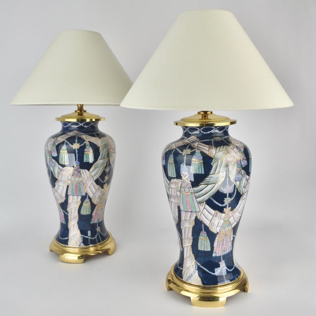 1980s Tassel Decorated set of Chinese Porcelain Table Lamps For Sale - Image 9 of 9