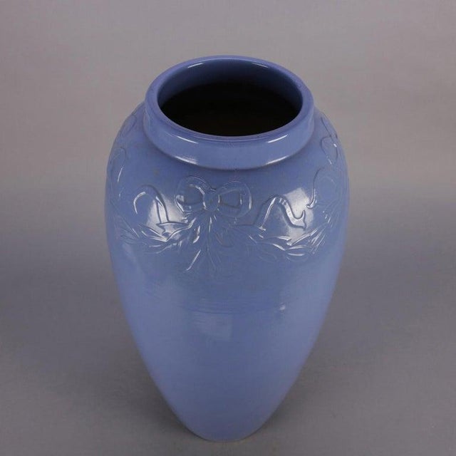 Early 20th Century Early 20th Century 2 Arts & Crafts McCoy School Pottery Periwinkle Swags & Bows Floor Vases For Sale - Image 5 of 11